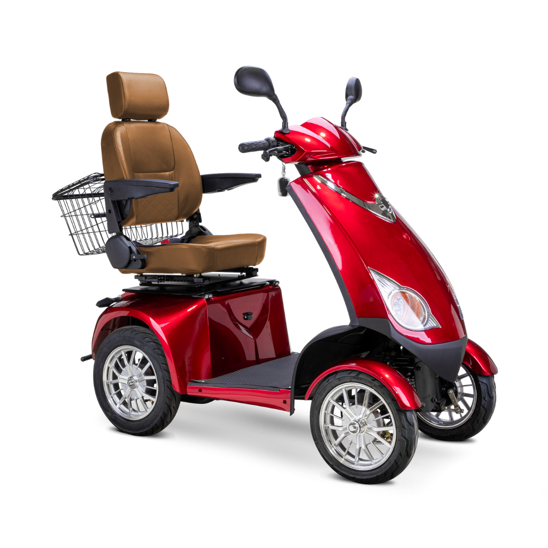 The Bespoke Platinum Recreational 4-Wheel Scooter with Electric Brake Assist features a red frame, padded brown seat with armrests, rearview mirrors, front headlight, and rear metal basket for comfortable and easy riding.